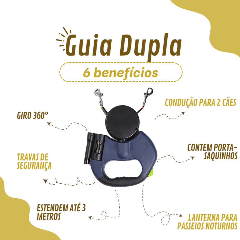 Guia Dupla Retrátil Giro automatico 360° com Lanterna e Porta Saco