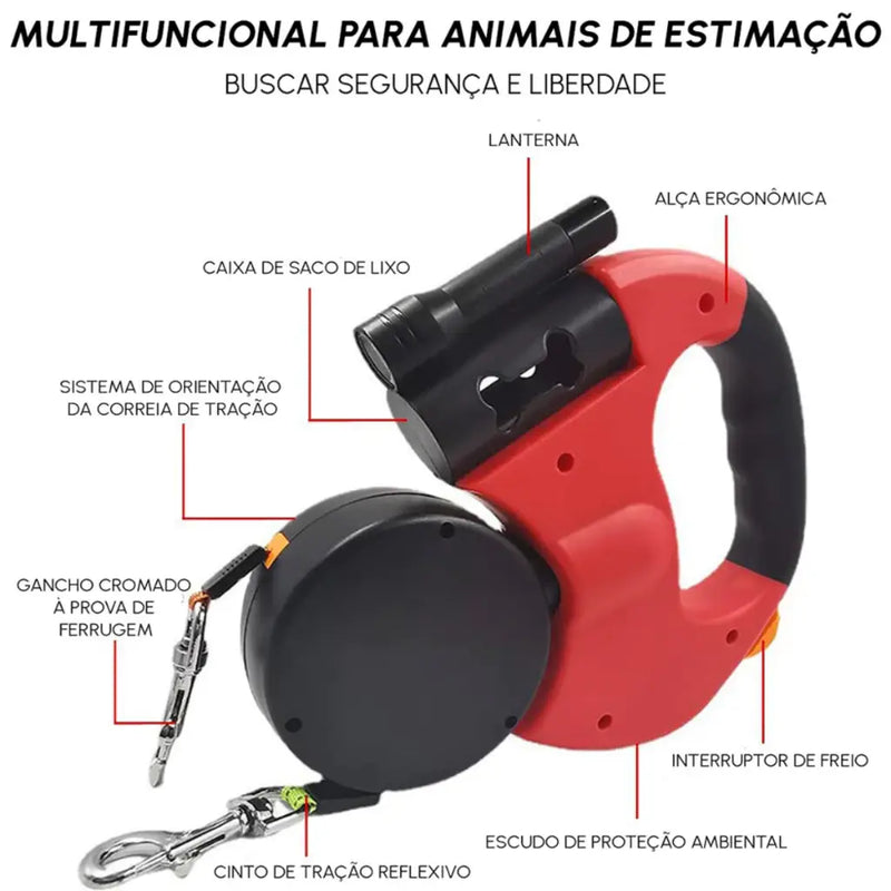 Guia Dupla Retrátil Giro automatico 360° com Lanterna e Porta Saco