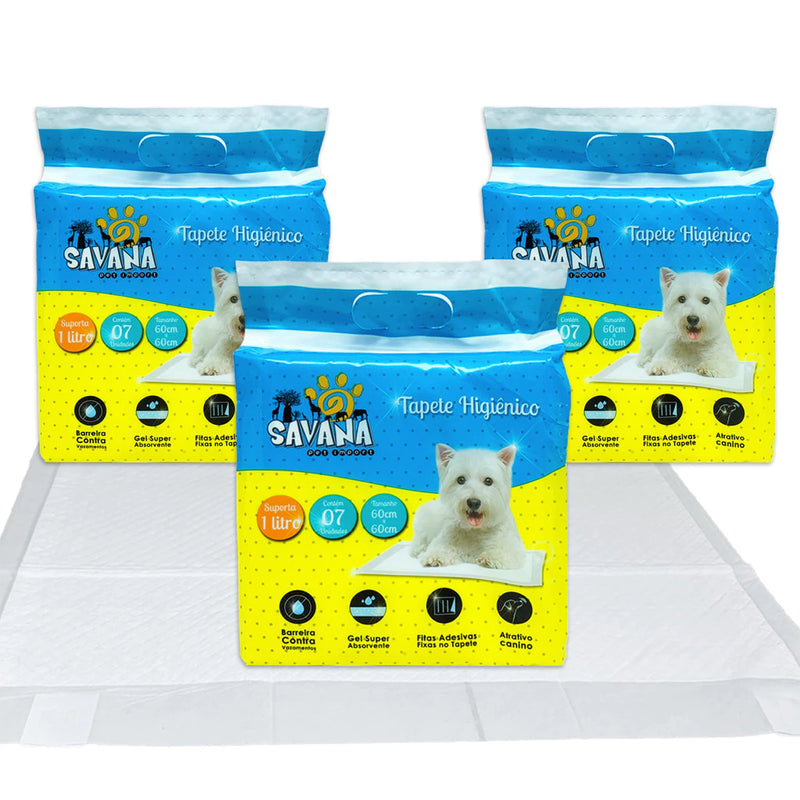 Kit 3 Tapete Higiênico Cachorro Premium 60x60cm 21unidades Savana Pet